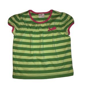 Hanna Andersson 130 Girls Top 7 8 Green Striped Short Sleeve Pink Bow